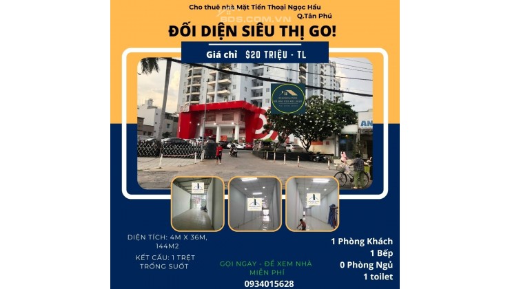 Cho thuê Nhà Mặt Tiền Thoại Ngọc Hầu 144m2, 20 triệu, đối diện Siêu Thị GO!